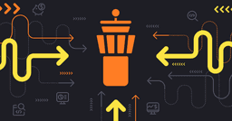 Illustration of the Grafana Cloud IRM logo with yellow arrows and tech icons on a dark background, symbolizing direction and connectivity.
