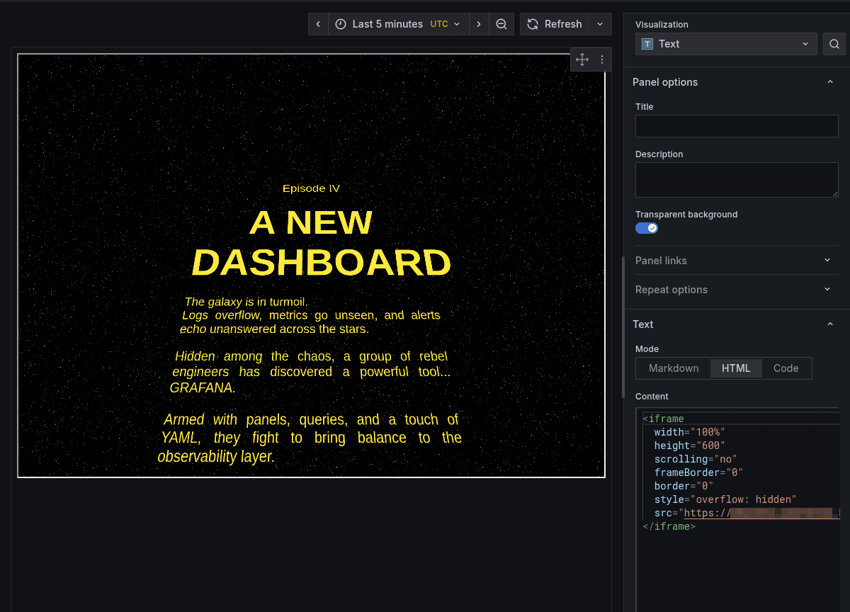 A Star Wars-themed dashboard titled "A New Dashboard" with yellow text on a starry background, mimicking an opening crawl.