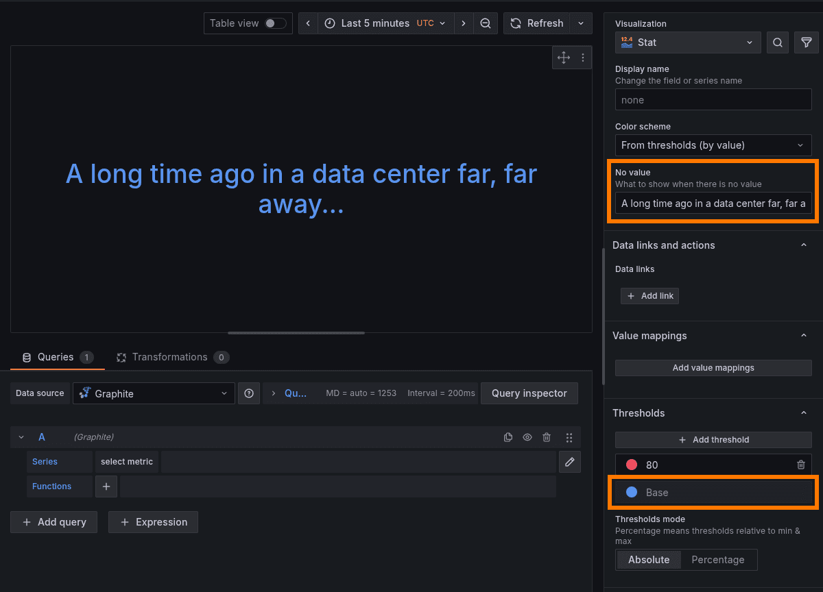 Grafana UI displaying a blue text on a black background: "A long time ago in a data center far, far away..." with data visualization elements.