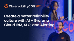 Two speakers at ObservabilityCON 2025 discuss reliability culture using AI, Grafana Cloud IRM, SLO, and Alerting.