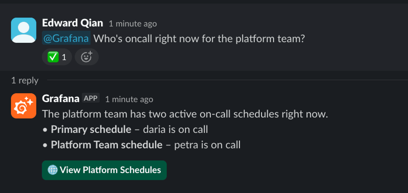 Chat exchange about platform team's on-call schedules, with two schedules active: primary (Daria) and platform team (Petra).