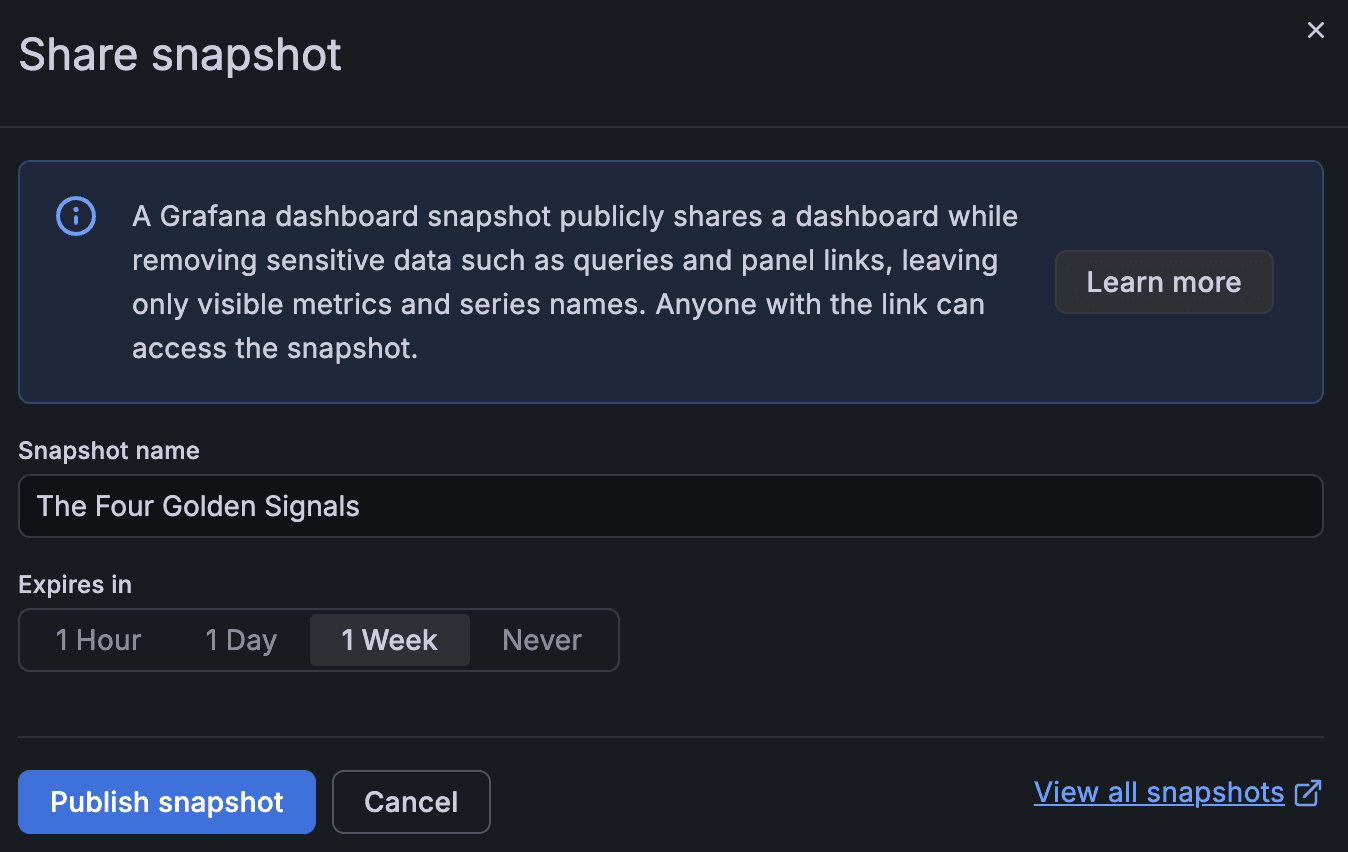 A screenshot of options for sharing a snapshot of the golden signals dashboard.