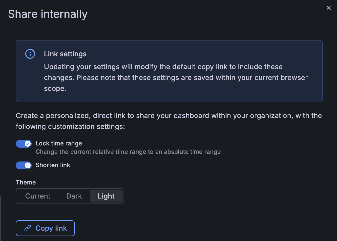 A screenshot showing options for sharing links internally.