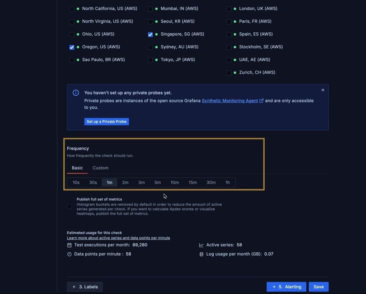 A Grafana Cloud interface showing frequency settings and alerting options.