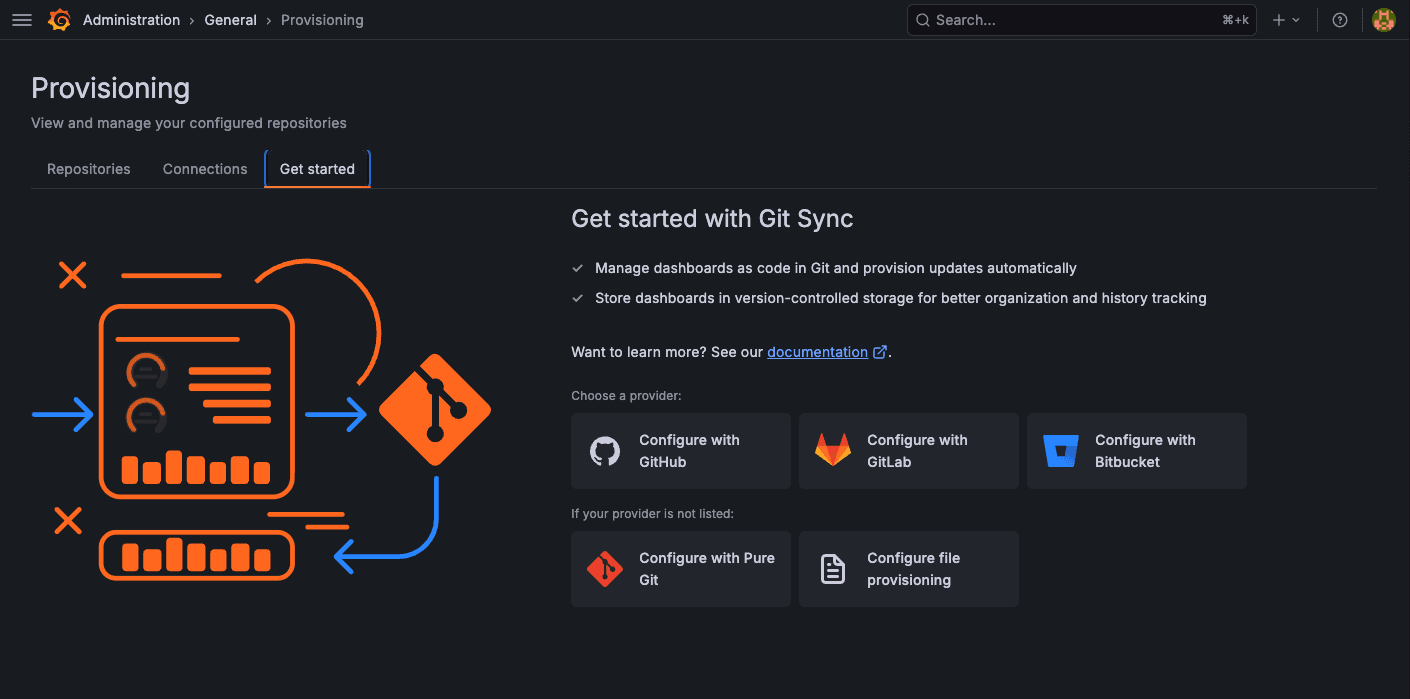 A screenshot of Git Sync UI for provisioning and getting started.