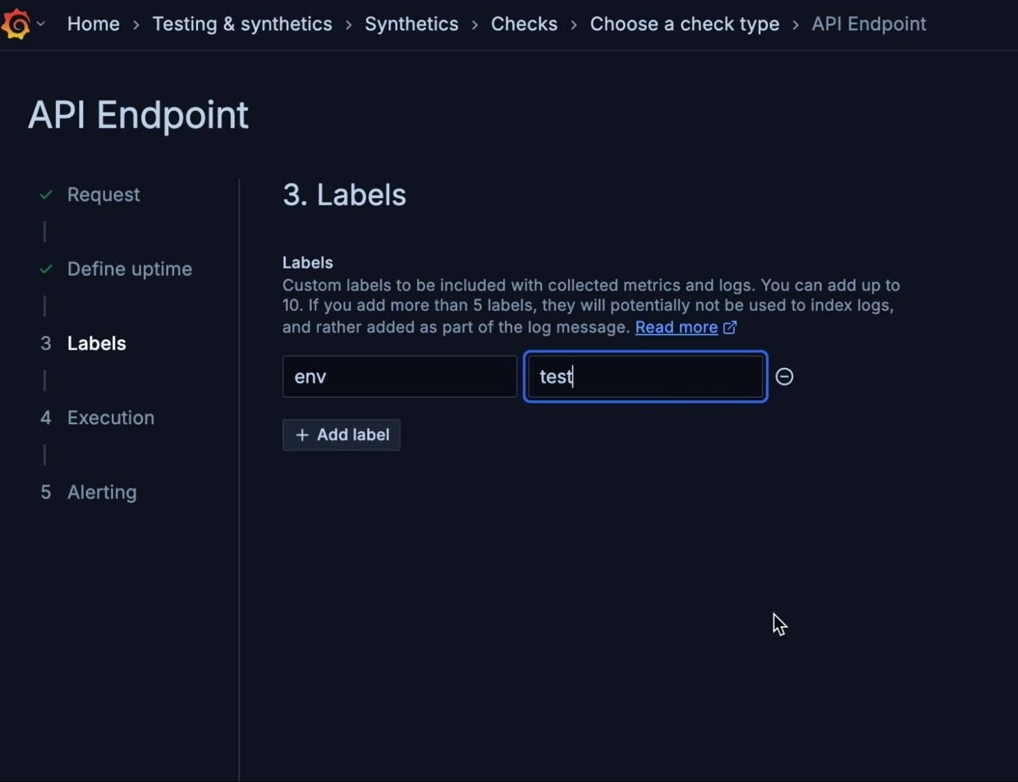 Grafana Cloud interface showing API endpoint settings with a "Labels" section.