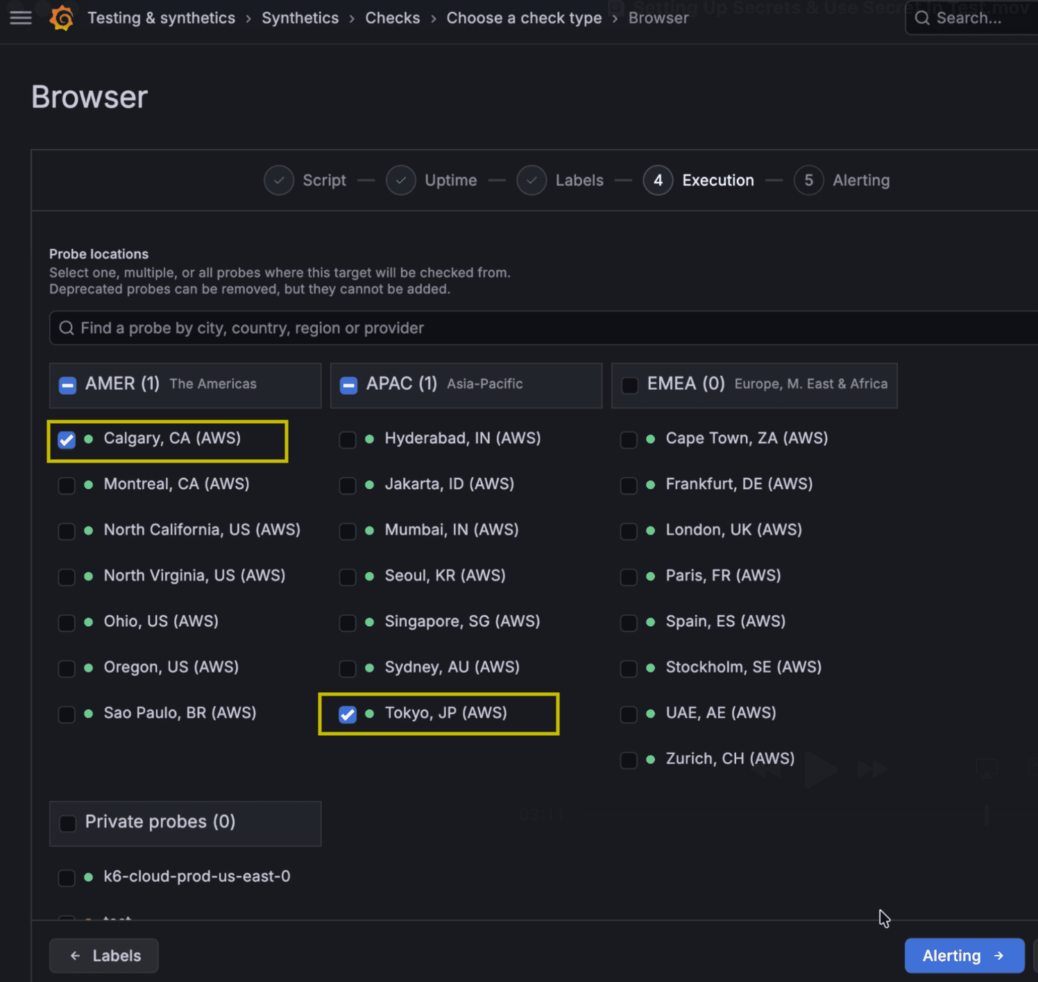 Grafana Cloud interface showing probe locations in various regions, with Calgary, Sao Paulo, Hyderabad, and Tokyo selected. Alerting button at bottom right.