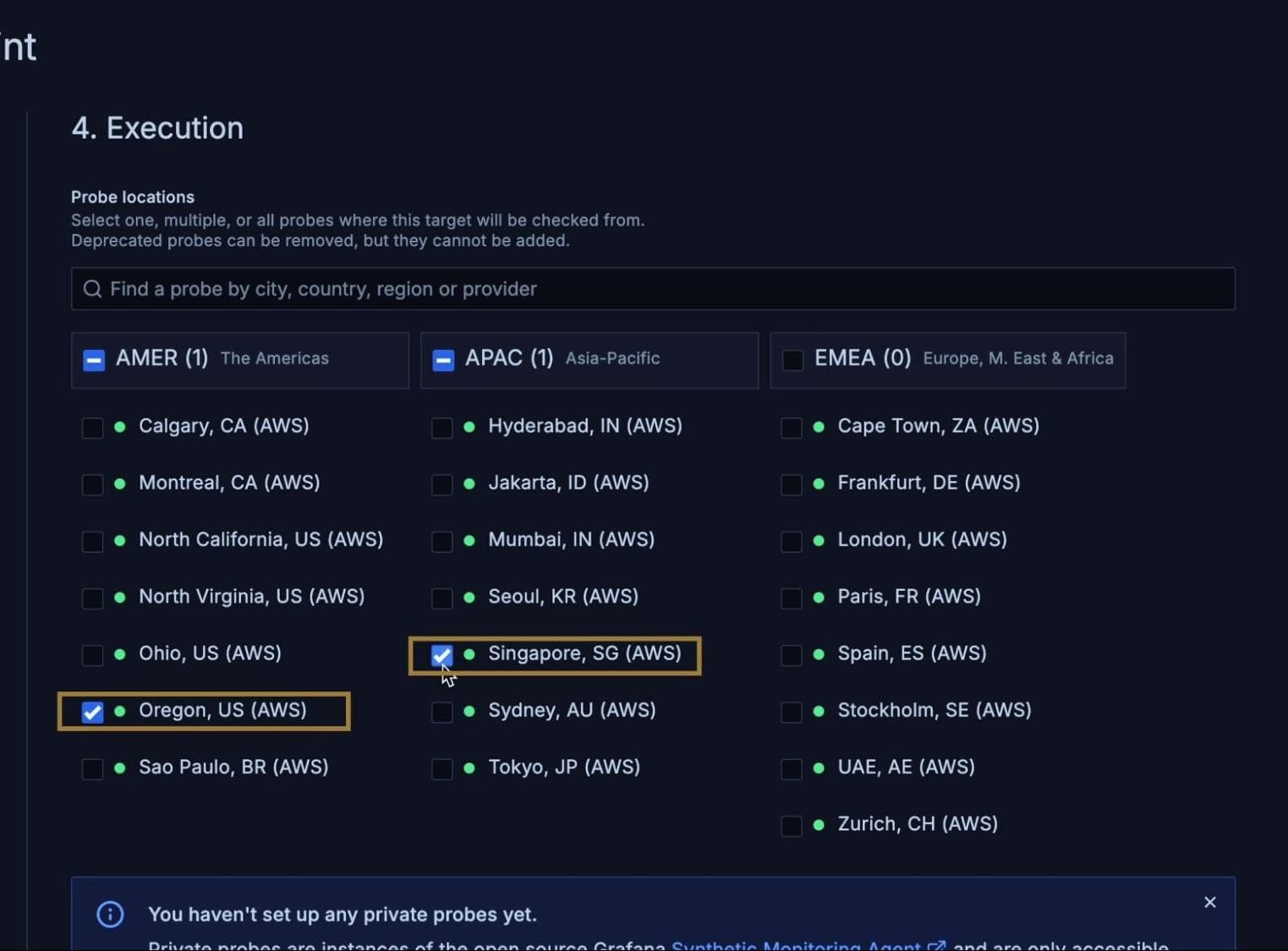 A Grafana Cloud interface showing probe locations across regions like Americas, Asia-Pacific, and Europe, with Singapore, SG and Oregon, US highlighted.