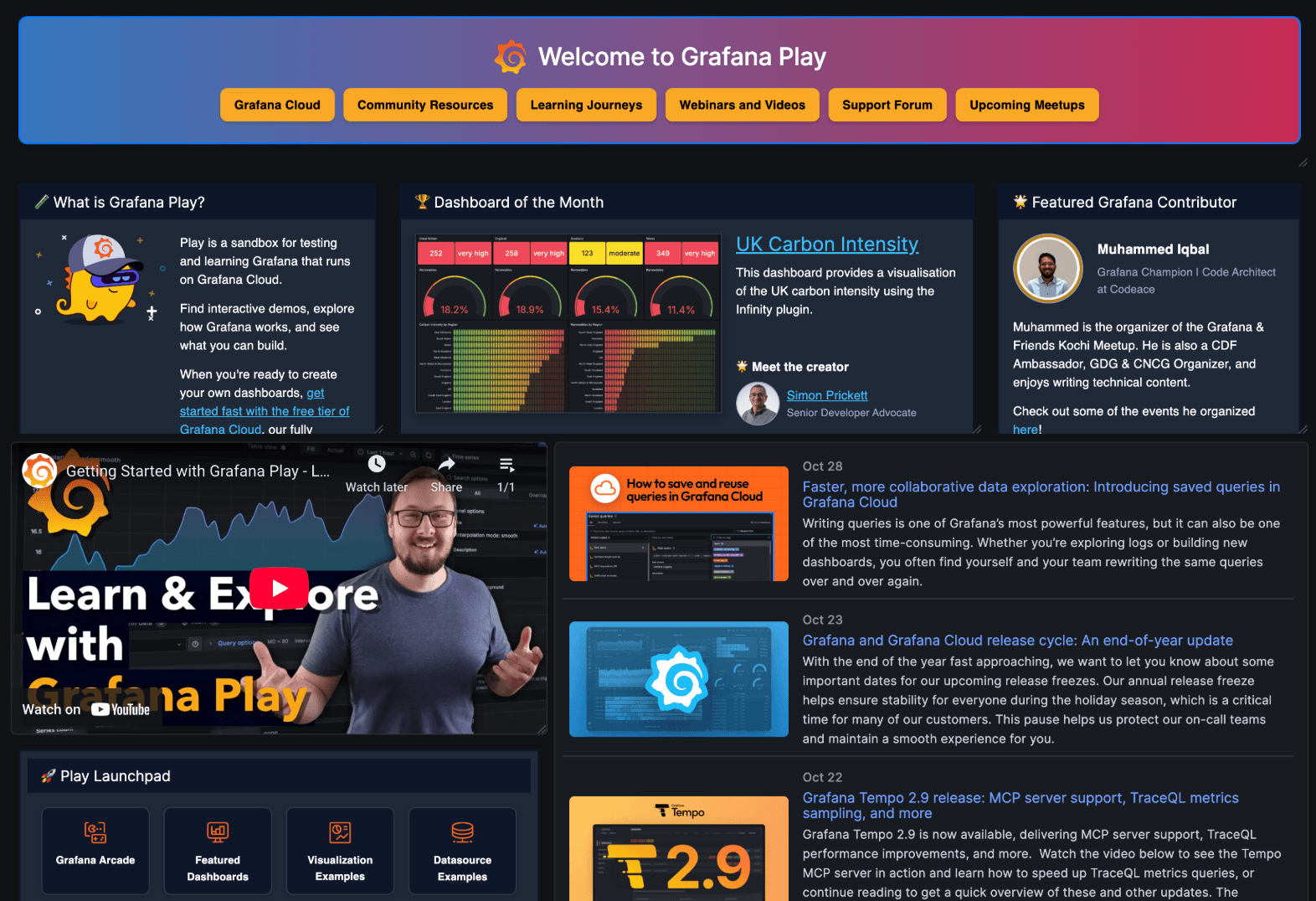 A screenshot of the new Grafana Play homepage, featuring colorful widgets, a video tutorial, and contributor highlights.