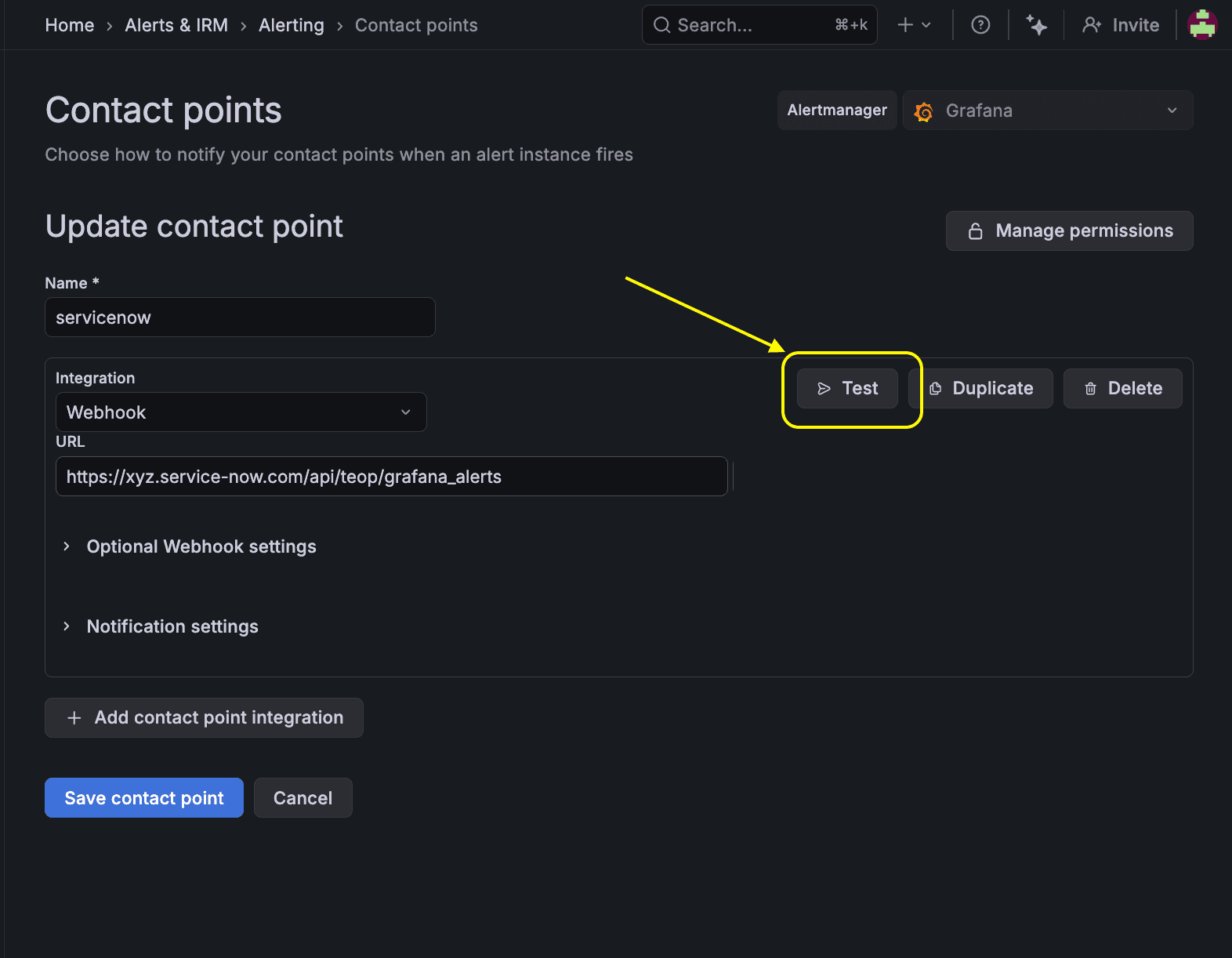 A yellow box around the test button in Grafana Alerting, indicating a test for a Snew contact point in ServiceNow