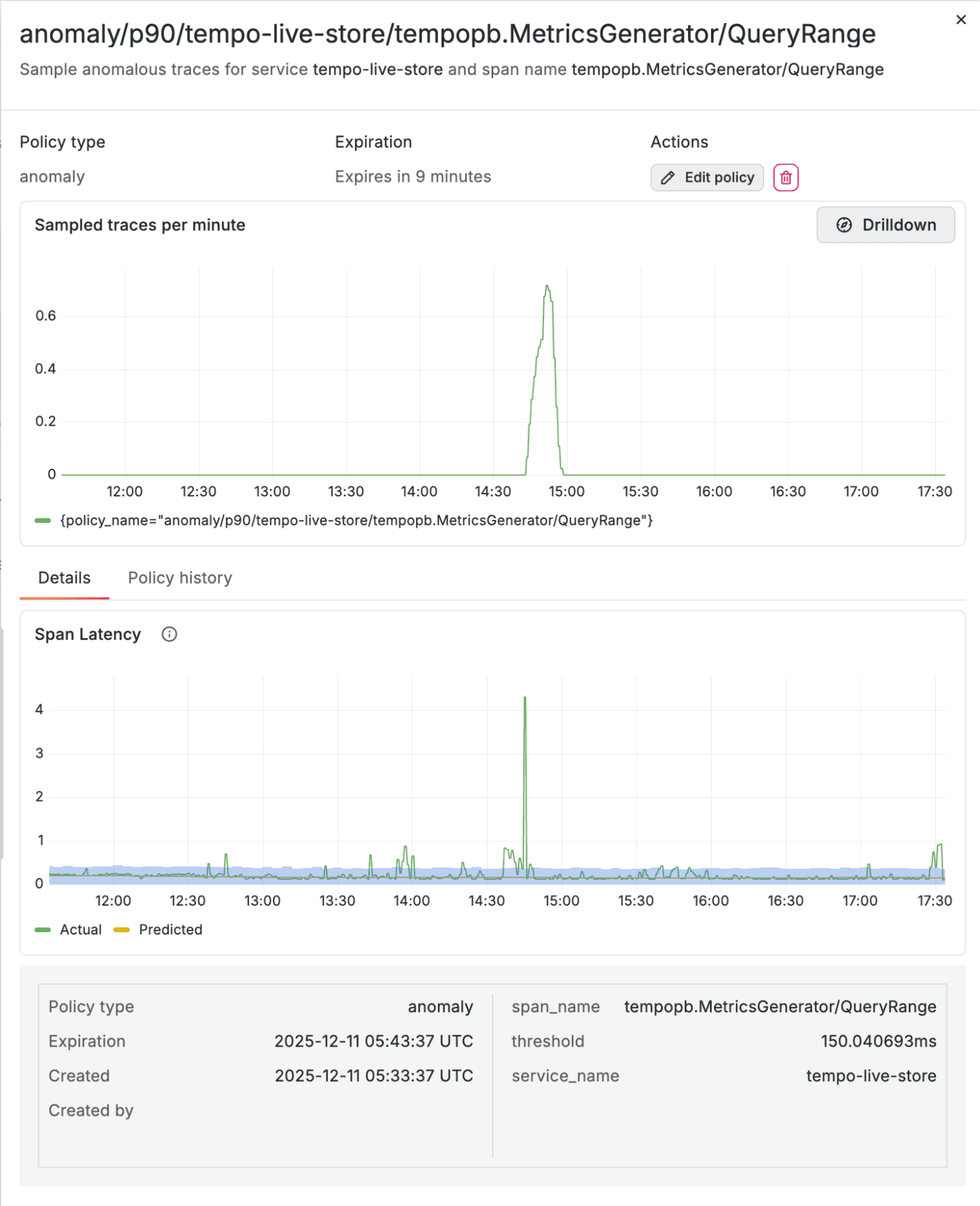 A screenshot of an anomaly policy, including policy details related to sampled traces per minute and span latency.