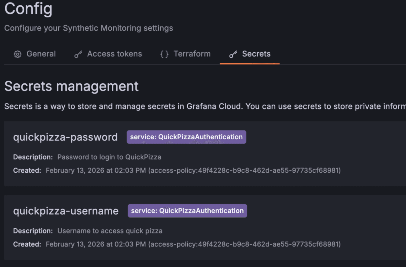 Screenshot of Grafana Cloud's secrets management tab, showing secrets for "quickpizza-password" and "quickpizza-username" with access details.