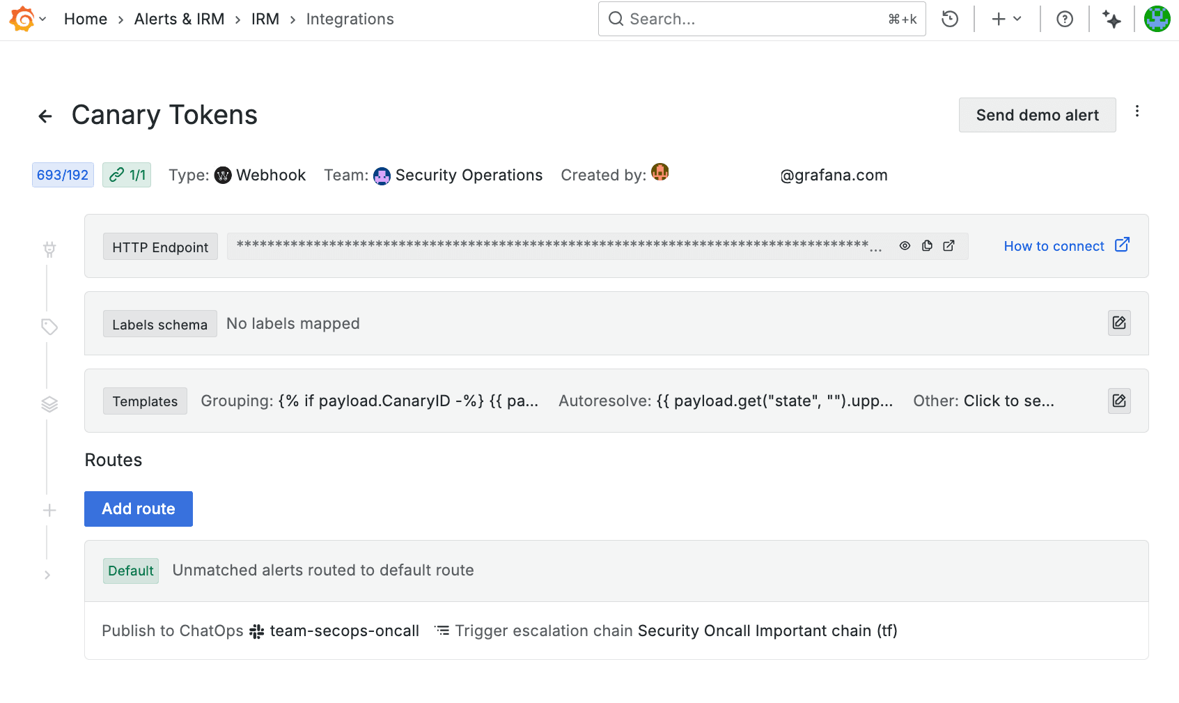 Screenshot of a Canary Tokens configuration page showing HTTP Endpoint, labels schema, templates, and routes options for security alerts.