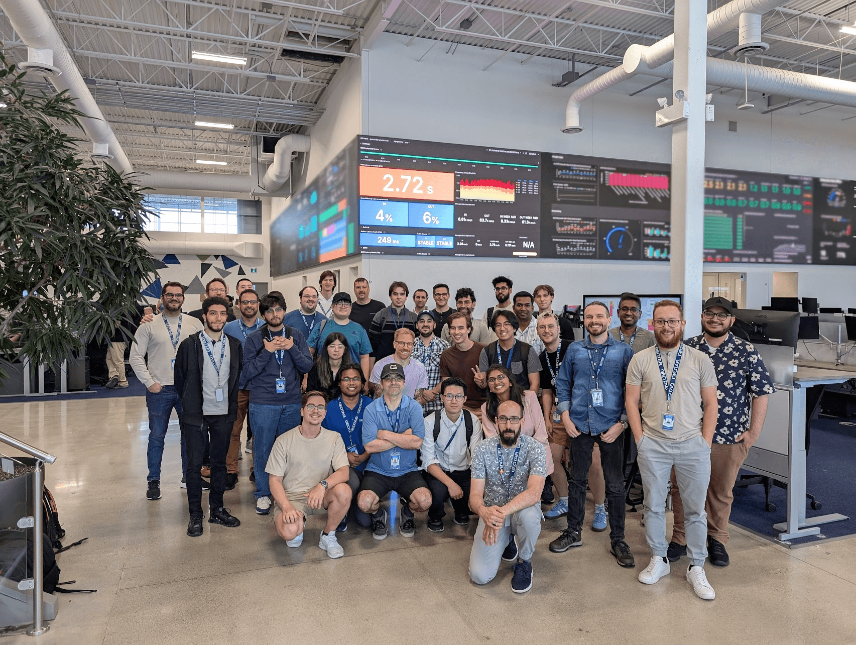 A group of Geotab engineers posing and smiling in a modern office with large digital screens displaying a Grafana dashboard in the background.