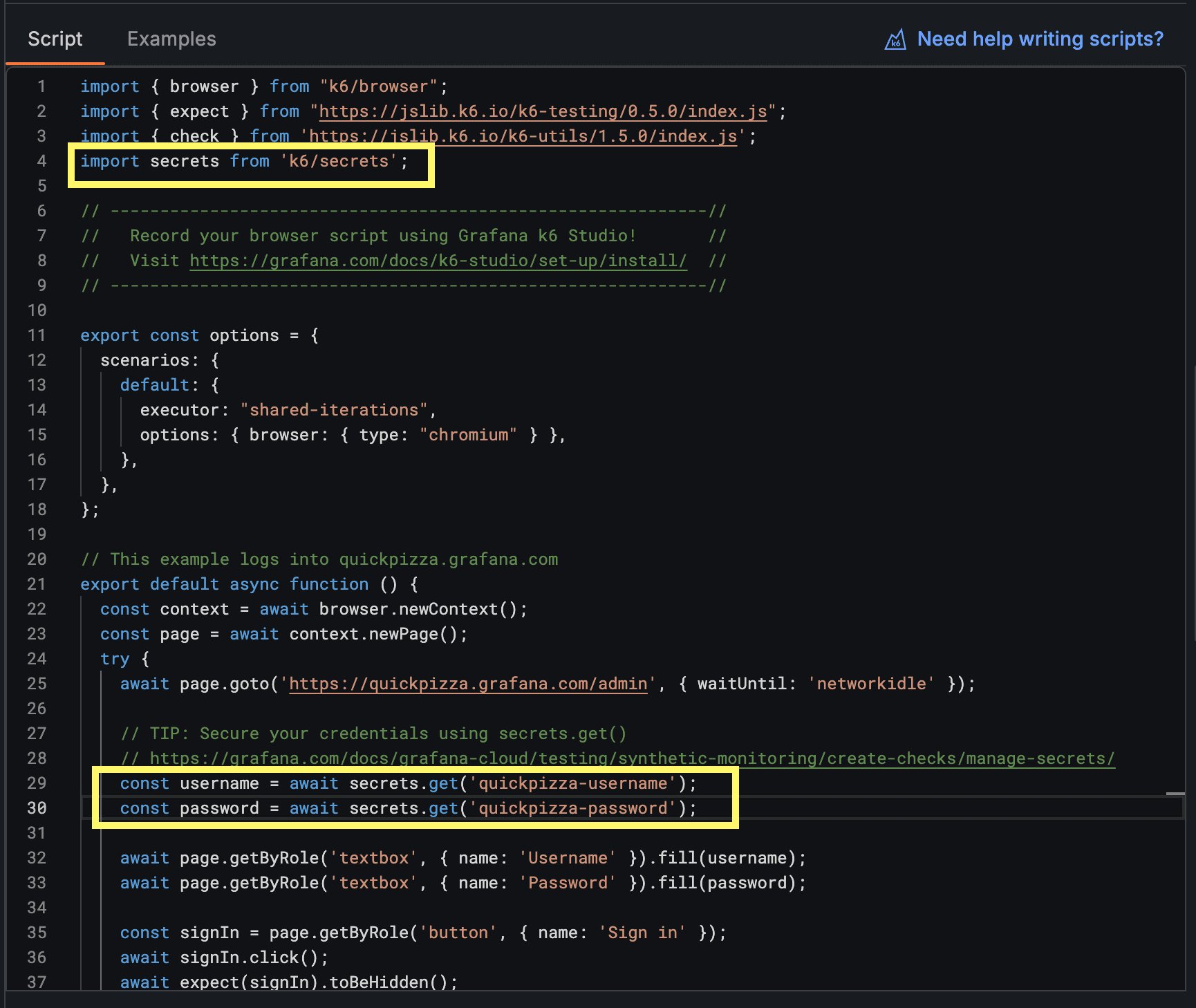 Code snippet for a script using libraries from specified URLs. Highlights indicate import statements and secrets access using "secrets.get()" method.