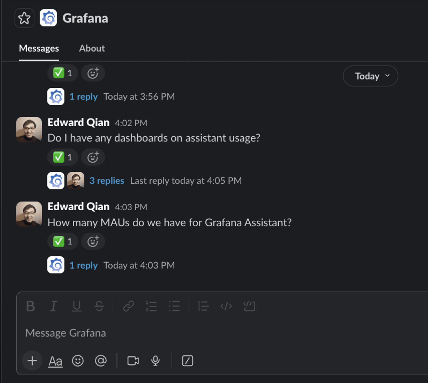 A Slack chat interface showing messages about dashboards and monthly active users for Grafana Assistant, with timestamps and reply options.