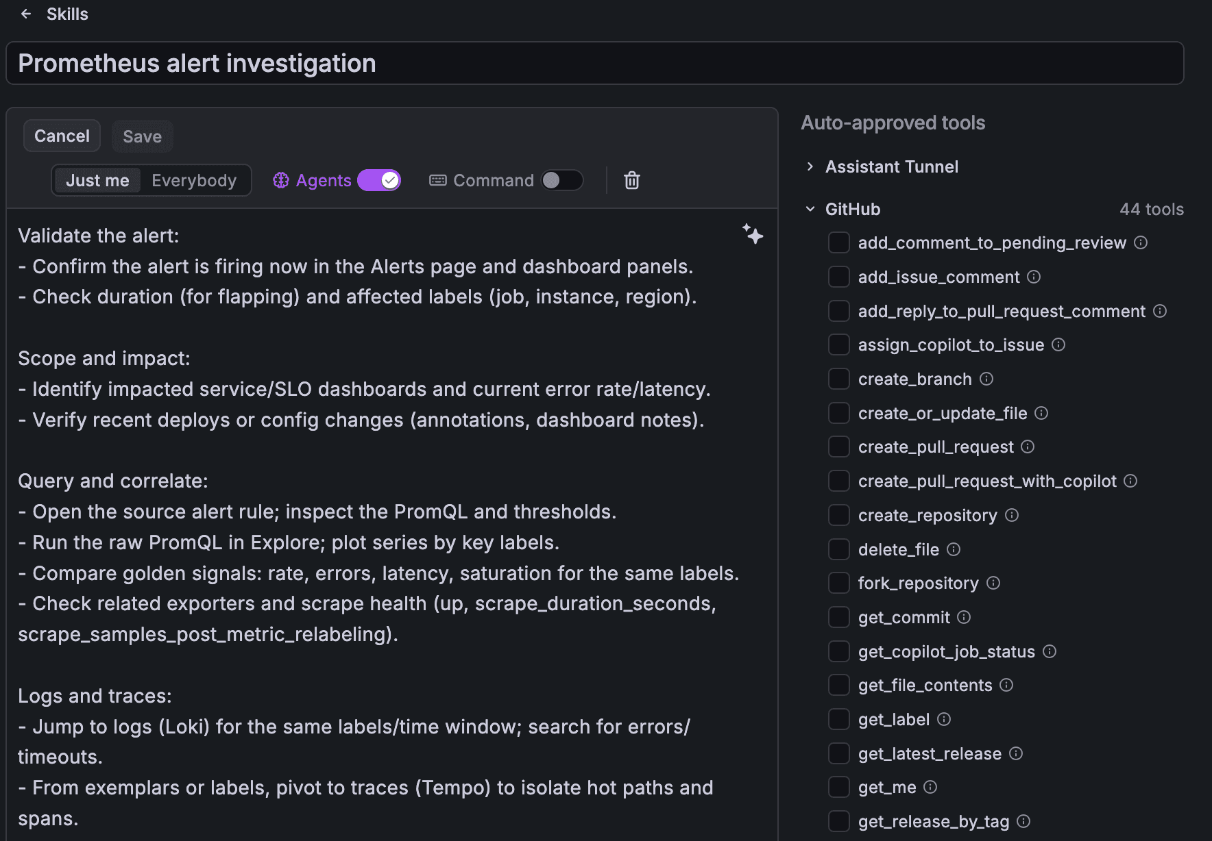 A skill being created in Grafana Assistant, with auto-approved tools available