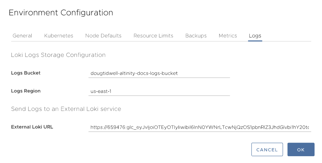 The Logs tab in the Environment Configuration dialog