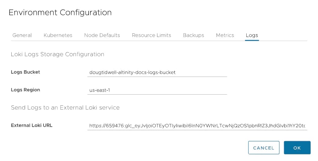 The Logs tab in the Environment Configuration dialog