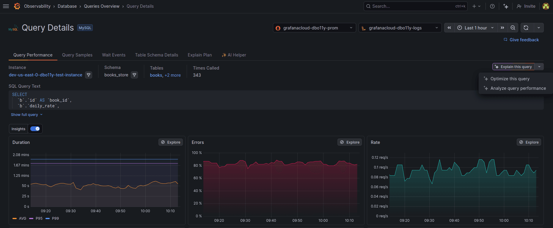 The query details page in Database Observability with the Explain this query button, which features an AI sparkle icon,  highlighted on the right side of the dashboard