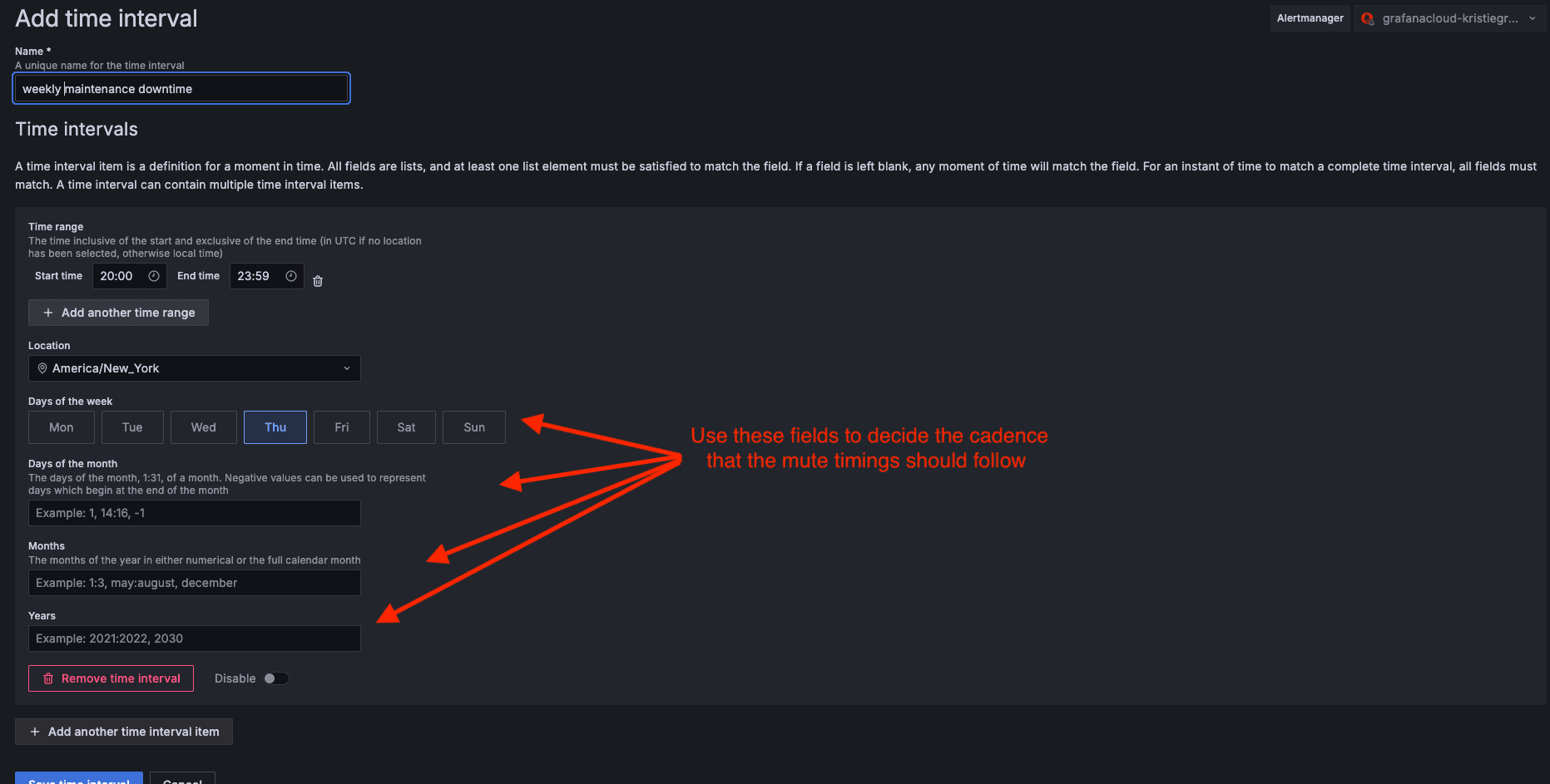 Screenshot of the Grafana Alerting UI for adding time intervals, showing options for time range, timezone, and days of the week selection.