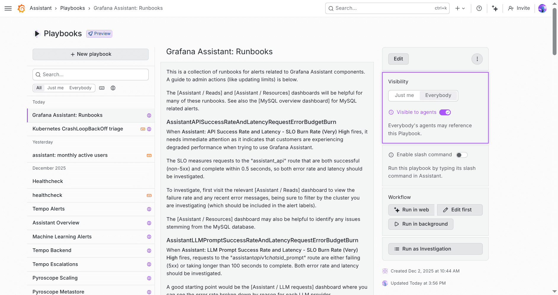 Screenshot of a Assistant playbook page titled "Grafana Assistant: Runbooks," featuring a sidebar with menu options, text descriptions, and edit settings.