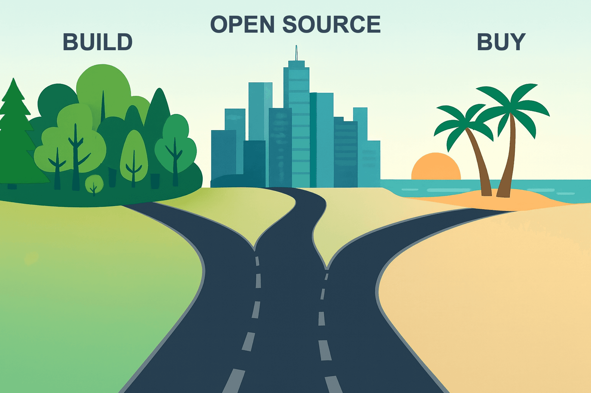 A forked road leads to a city labeled "Open Source," with trees marked "Build" and a beach with palm trees marked "Buy."