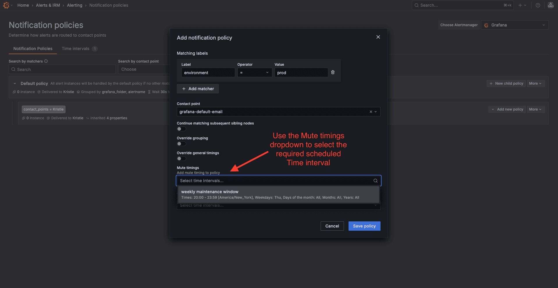 The Grafana Alerting UI showing a notification policy setup with a highlighted "Mute timings" dropdown for selecting a scheduled time interval.