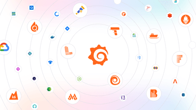 Grafana logo surrounded by various smaller data source icons on a gradient background with concentric circles.