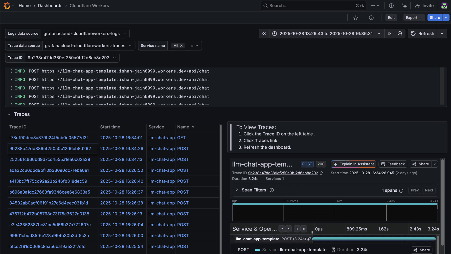 A Grafana Cloud logs panel for Cloudflare Workers showing a table of trace IDs and start times, and a selected trace detail panel with span timeline.