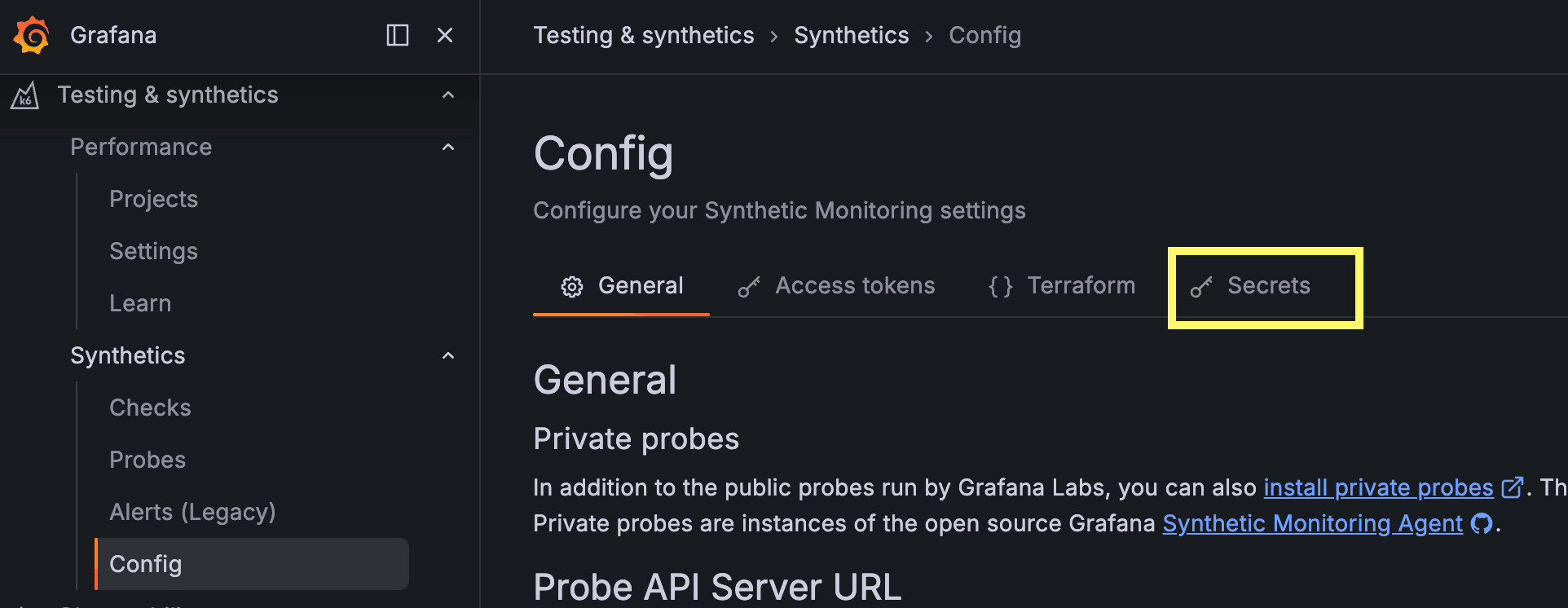 Screenshot of the Grafana Cloud interface showing the "Config" page. The "Secrets" tab is highlighted within the navigation menu.