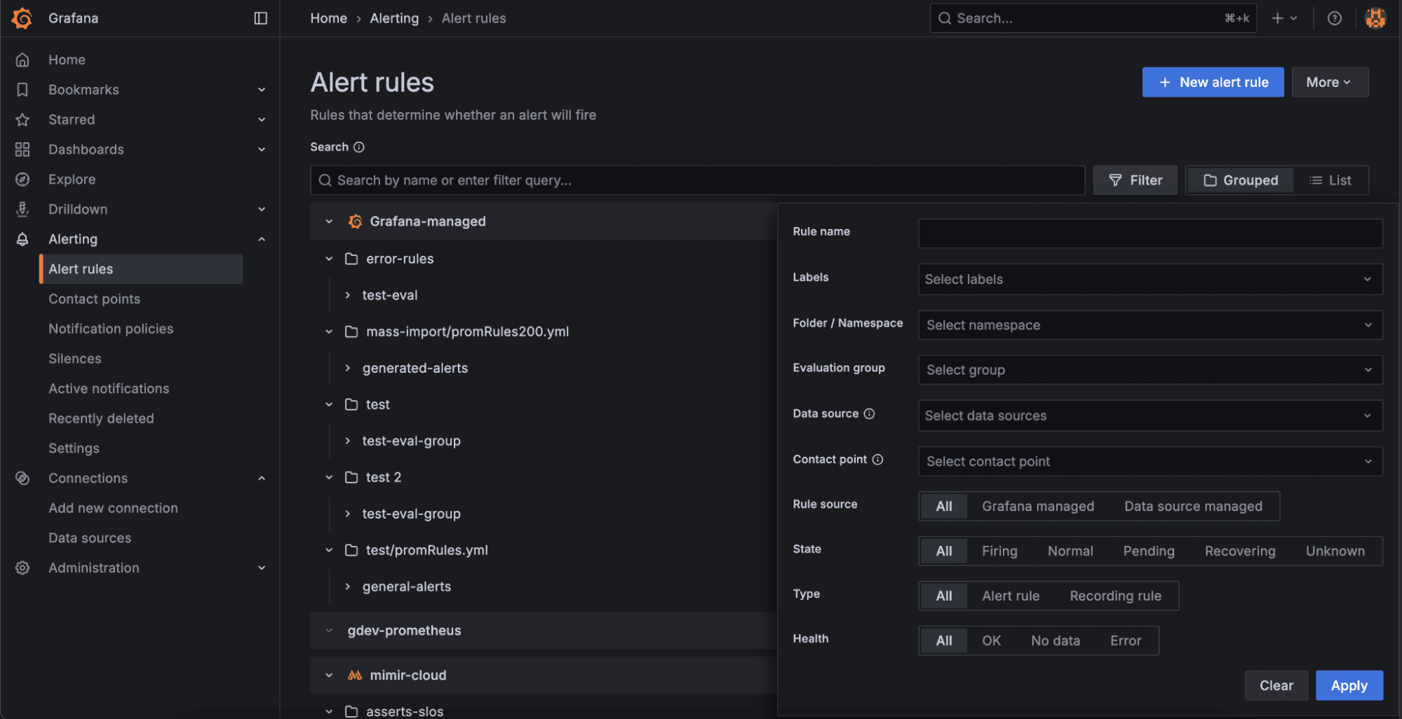 Screenshot of Grafana's new alert rules interface showing a list of alert rules and a form for creating a new alert rule.