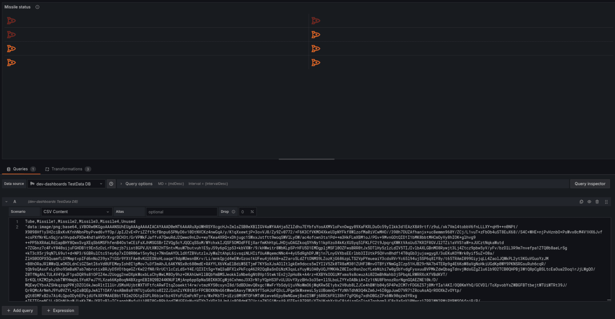 A dark Grafana interface displaying encoded text and data logs, with colored arrow icons indicating different statuses or actions.