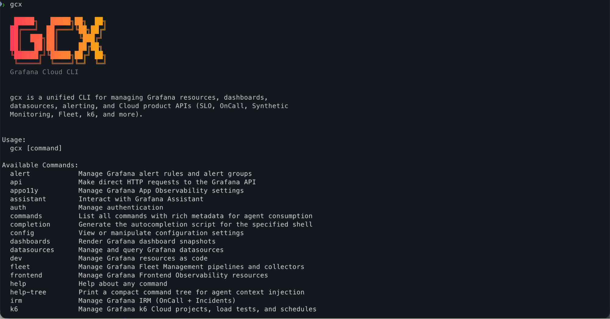 A screenshot of the gcx CLI tool