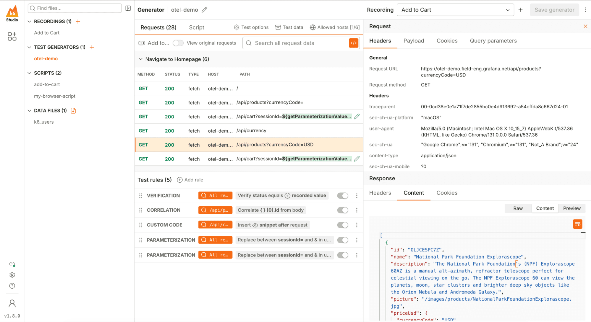 A screenshot of k6 Studio showing API requests and responses, including GET requests and JSON responses, with detailed headers and parameters.