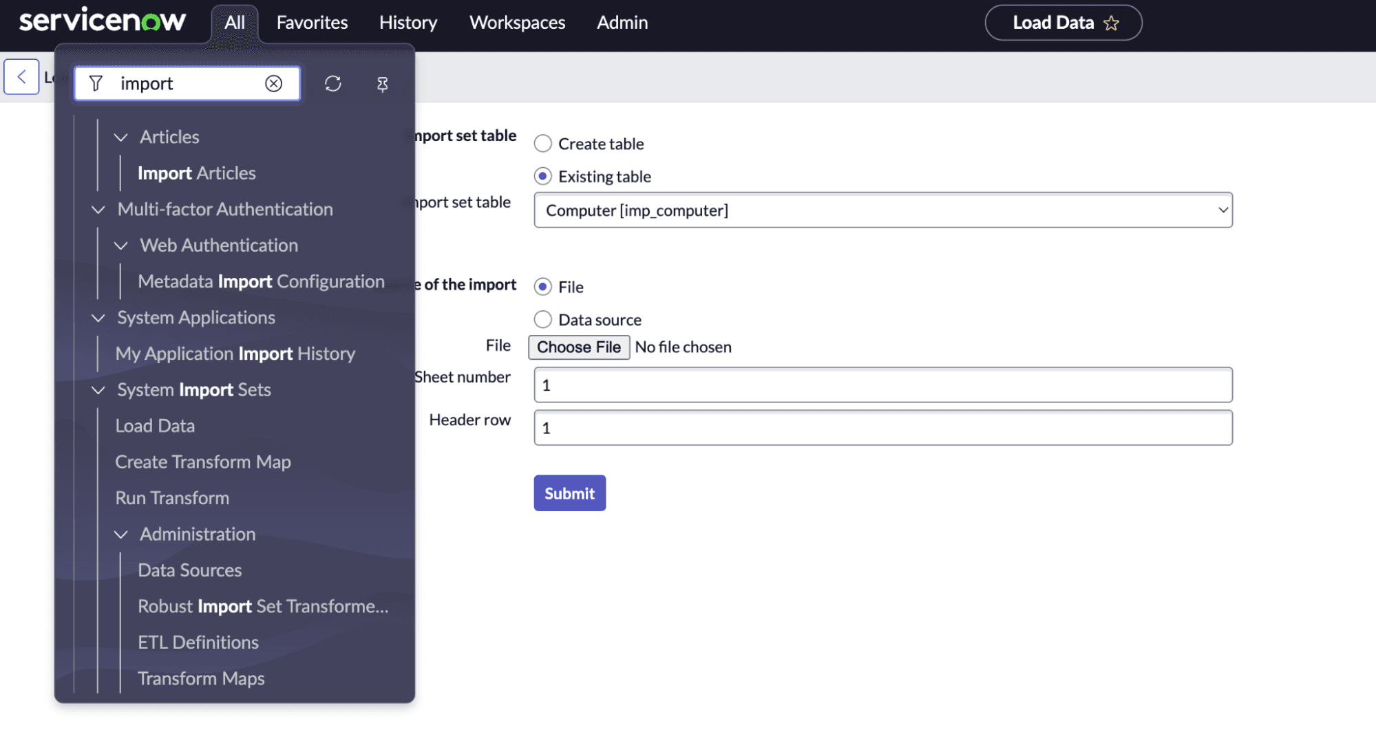 ServiceNow UI showing navigation to search for the tables feature