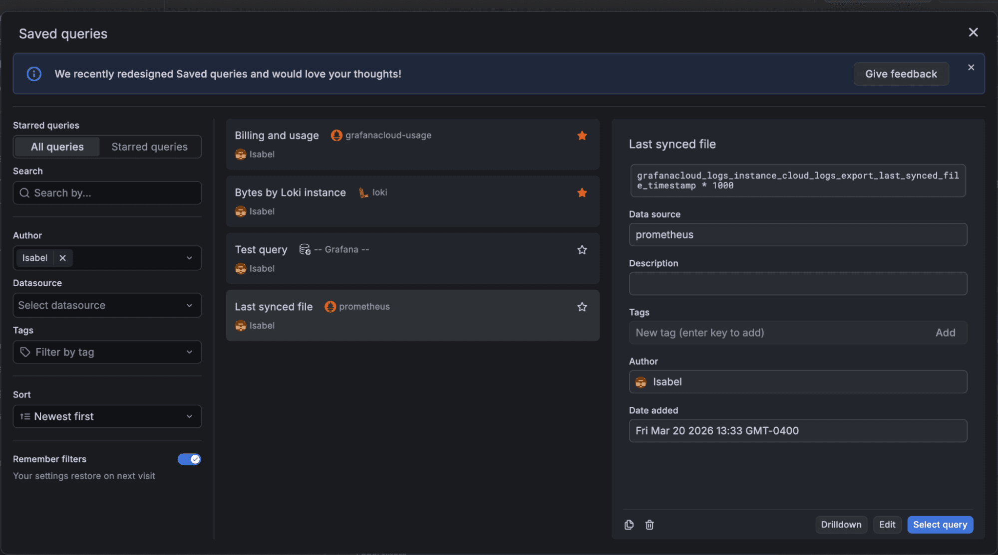 A screenshot of the Saved queries UI with various options, including billing and usage, test query, and more.