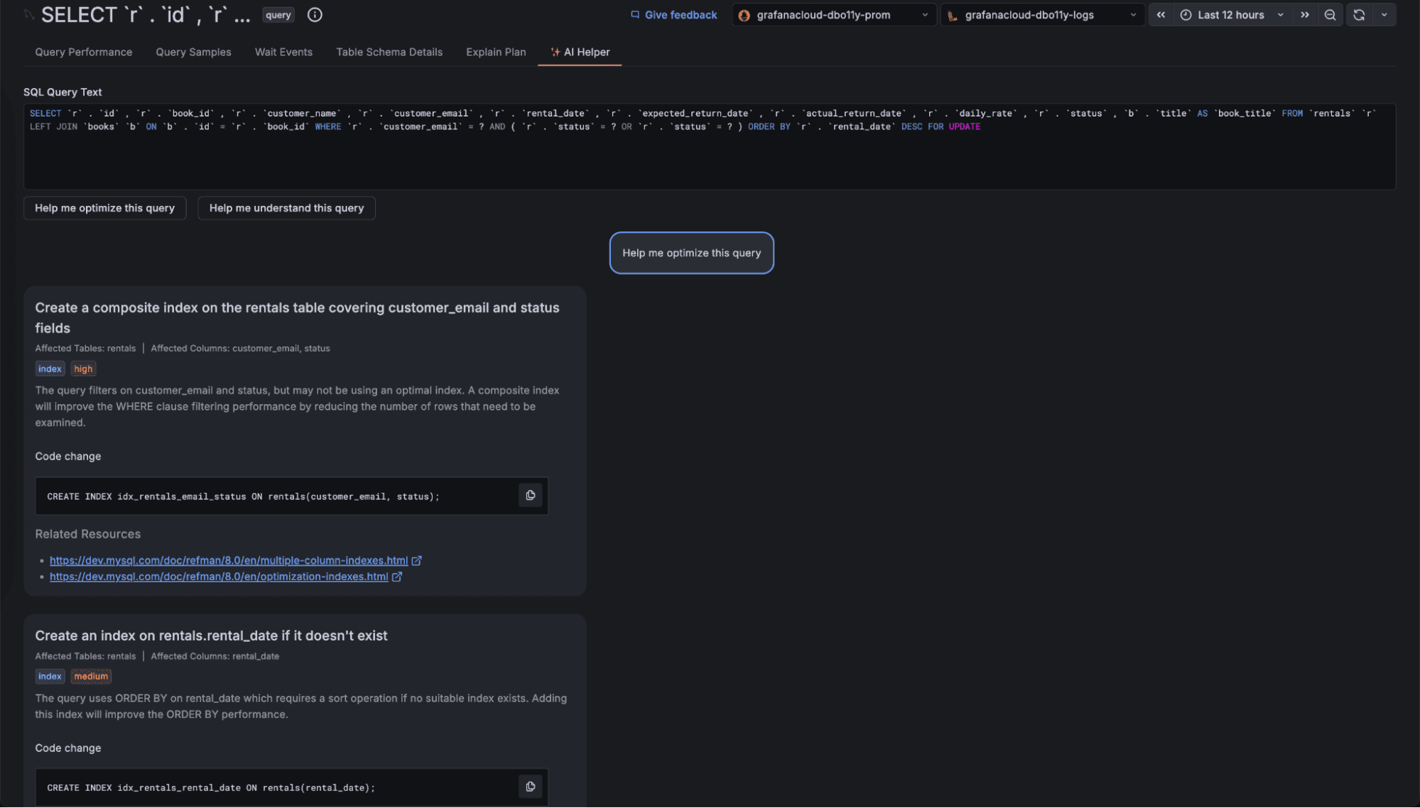 Dark-themed SQL query editor with a query for creating an index on a rentals table. Includes optimization tips and related resources.