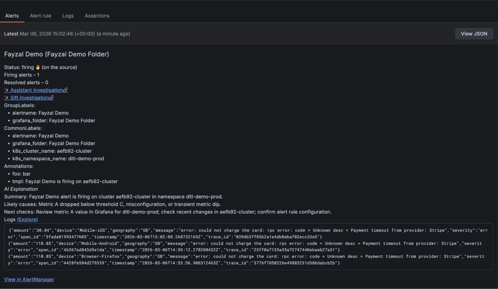 Alert status, along with labels, annotations, AI explanation, and logs