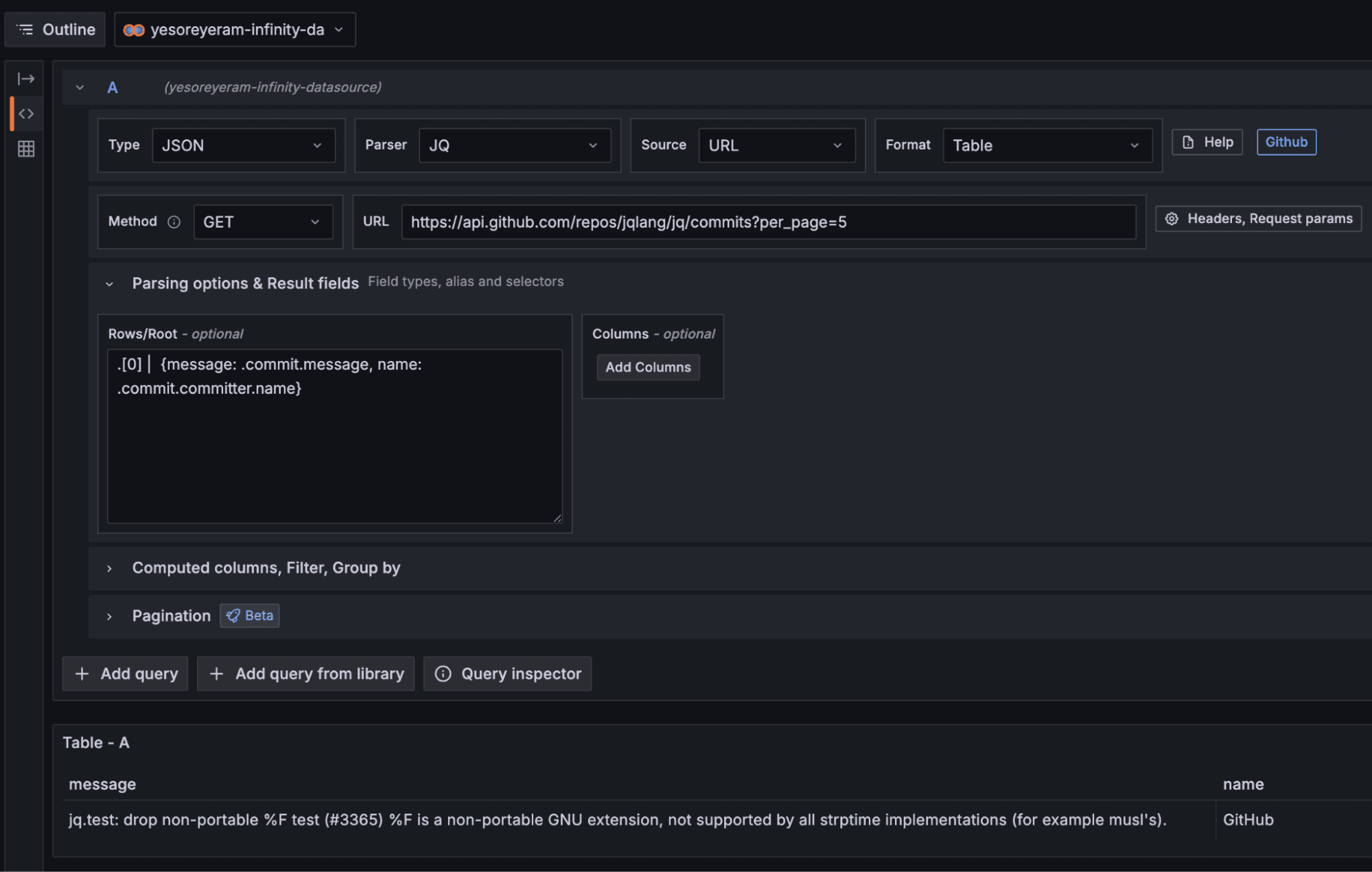 A screenshot of a query setup for the Infinity data source, displaying JSON data parsing and error message about non-portable GNU extension.