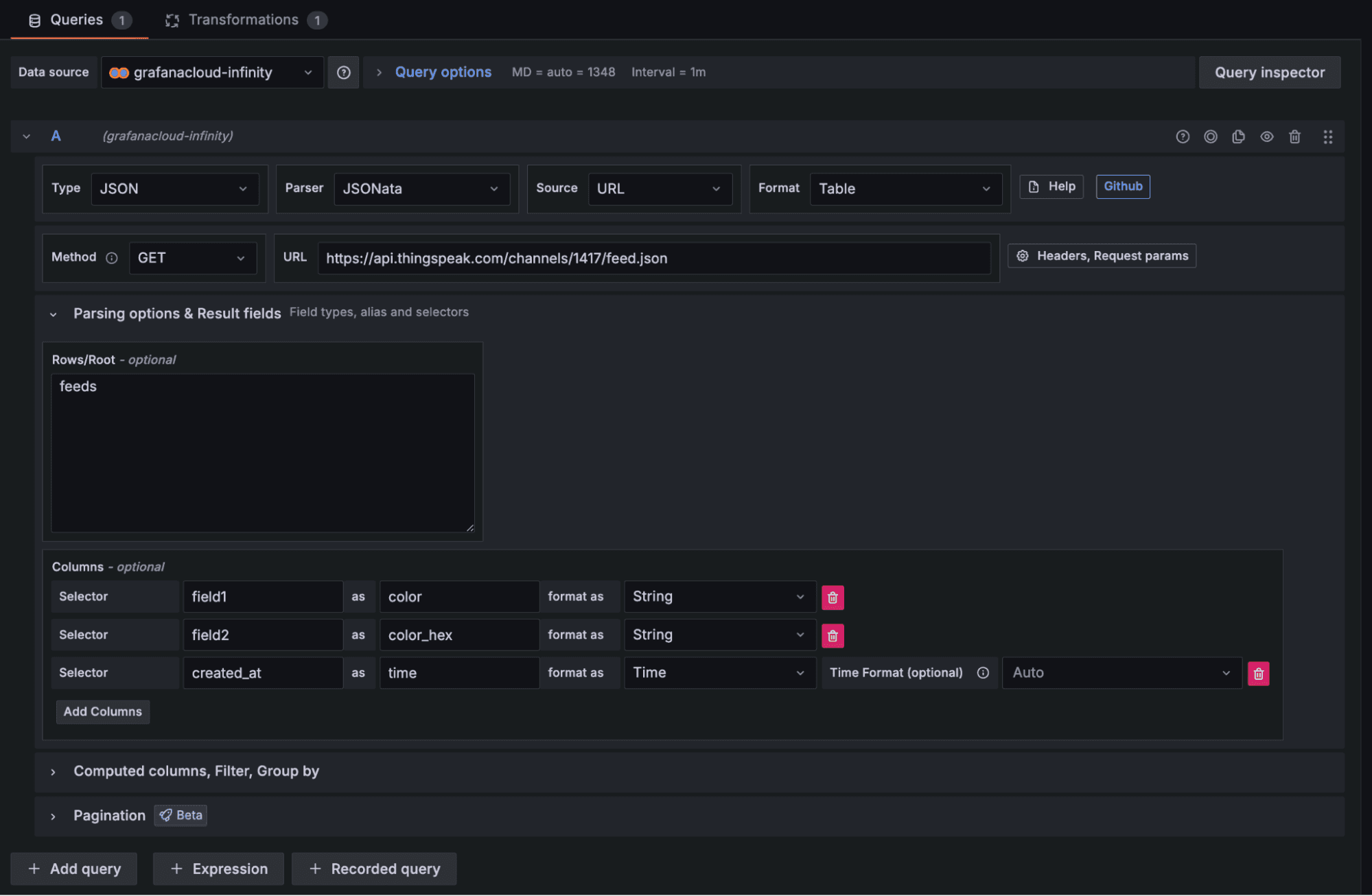 Screenshot of the Grafana Cloud UI displaying configuration options for the Infinity data source.
