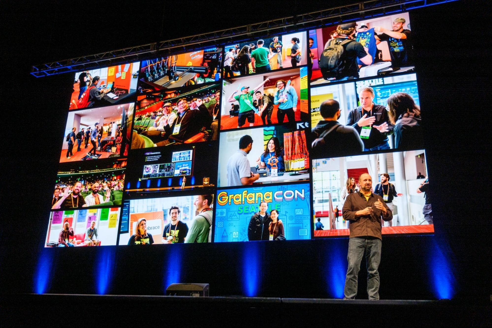 A photo of Grafana Labs CTO Tom Wilkie on stage at GrafanaCON 2025.