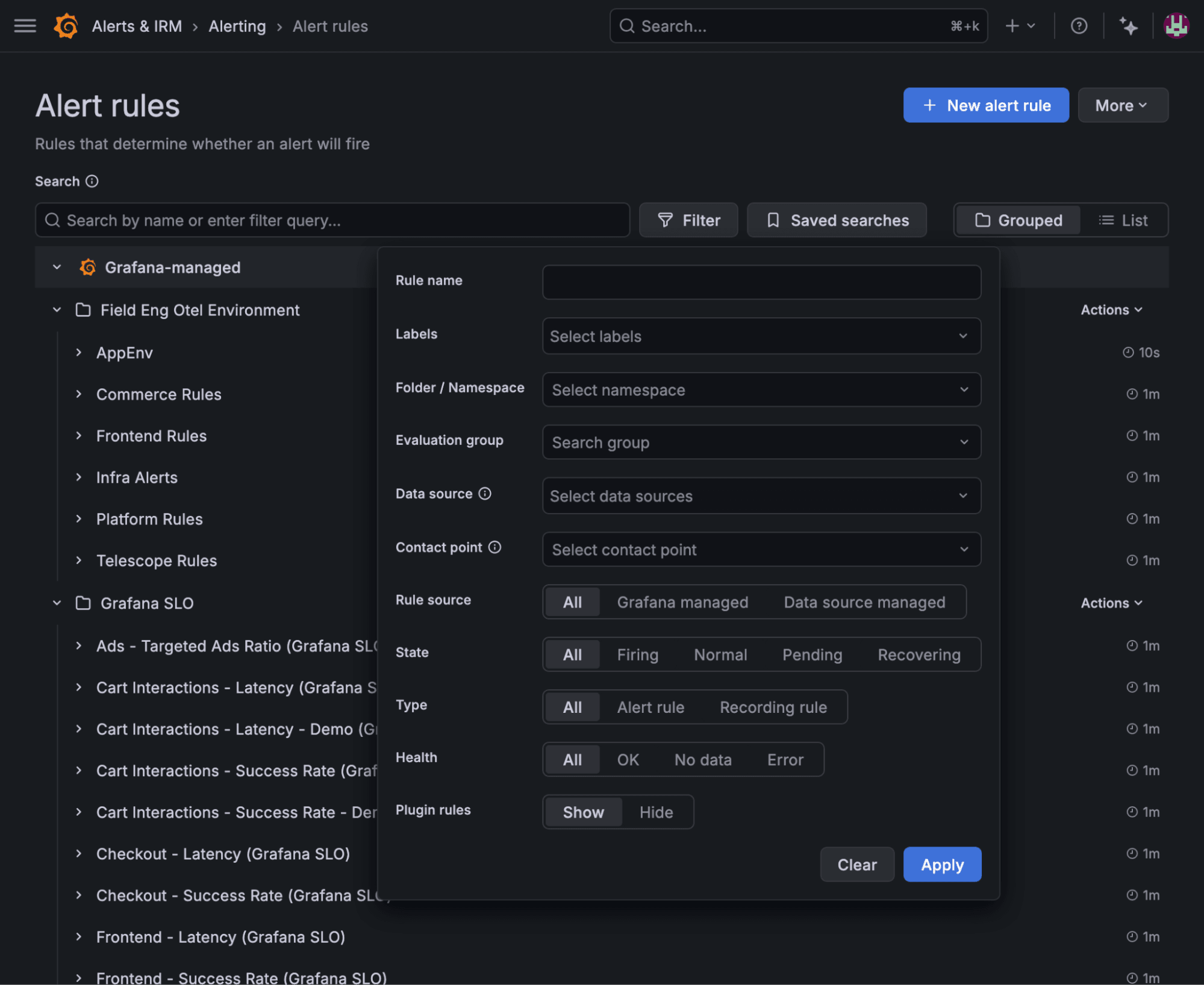 Grafana Alerting UI showing alert rules configuration with options for rule name, labels, namespace, data source, and contact points.
