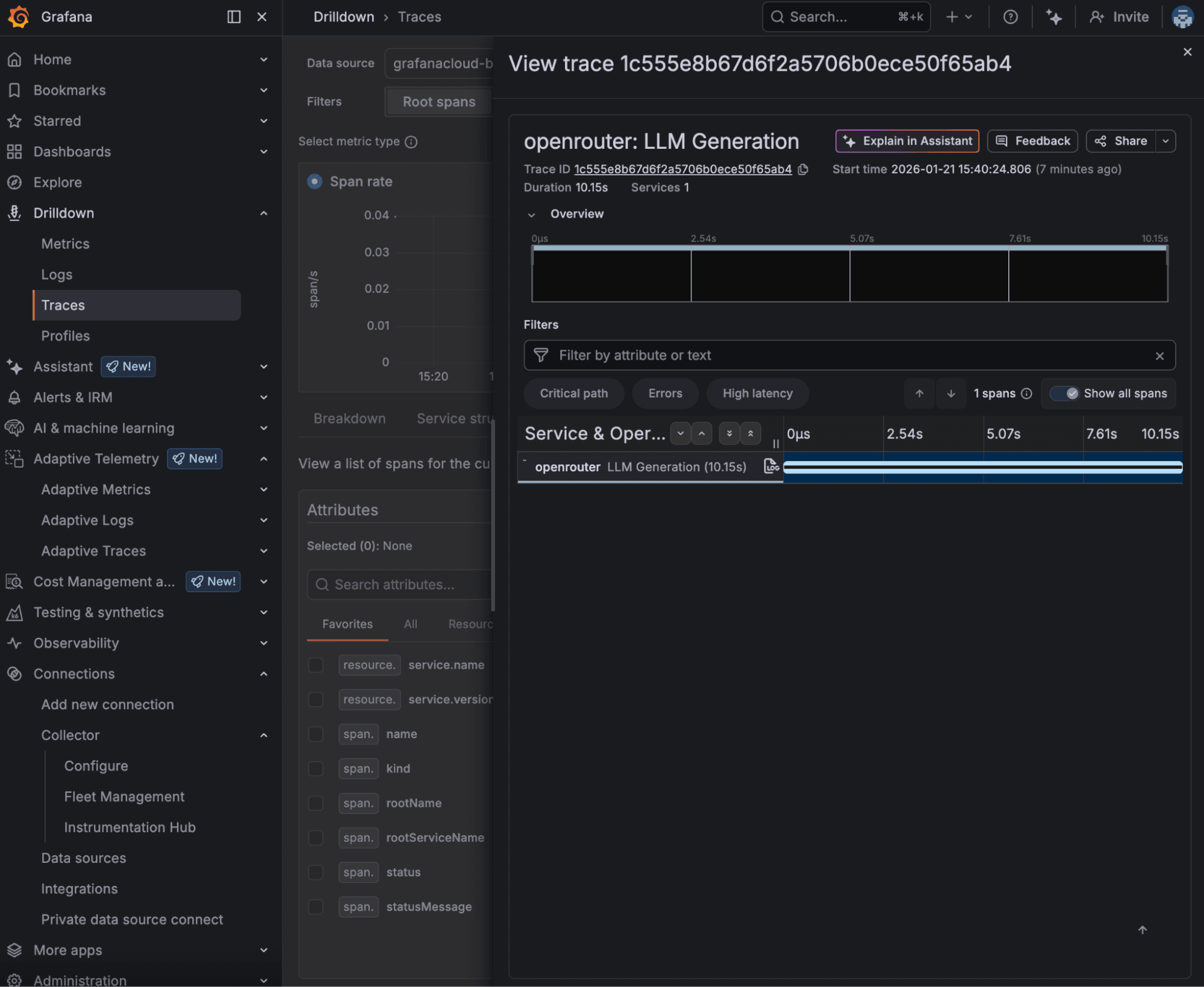 Grafana Cloud interface showing a trace view for LLM generation, with a span timeline and service operation details displayed.