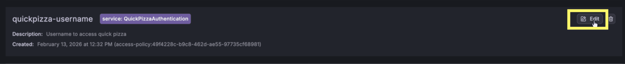 Grafana Cloud interface displaying a service authorization, with a yellow highlight around the "Edit" icon.