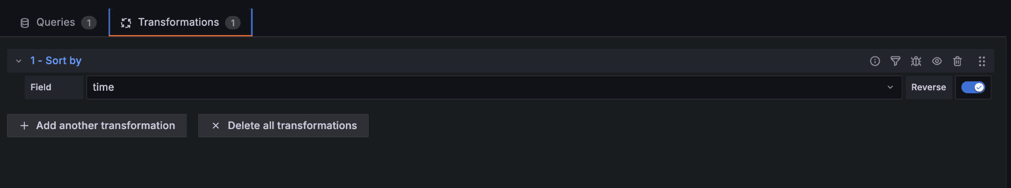 Grafana Cloud UI showing a "Sort by" transformation in progress, with "time" selected as the field and reverse option toggled on.