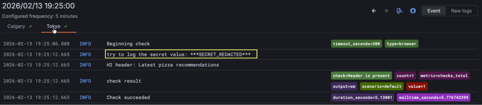Log screen showing various info entries, including a highlighted warning about a secret value being redacted. Dates and times are visible.