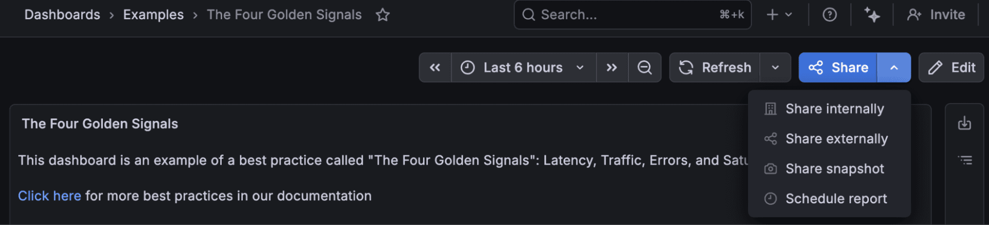A screenshot of a drop-down menu with sharing options for a four golden signals dashboard.