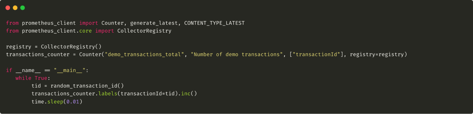 Code snippet in Python for tracking demo transactions with Prometheus. It imports modules, sets up a counter, and runs an infinite loop to increment transaction IDs.
