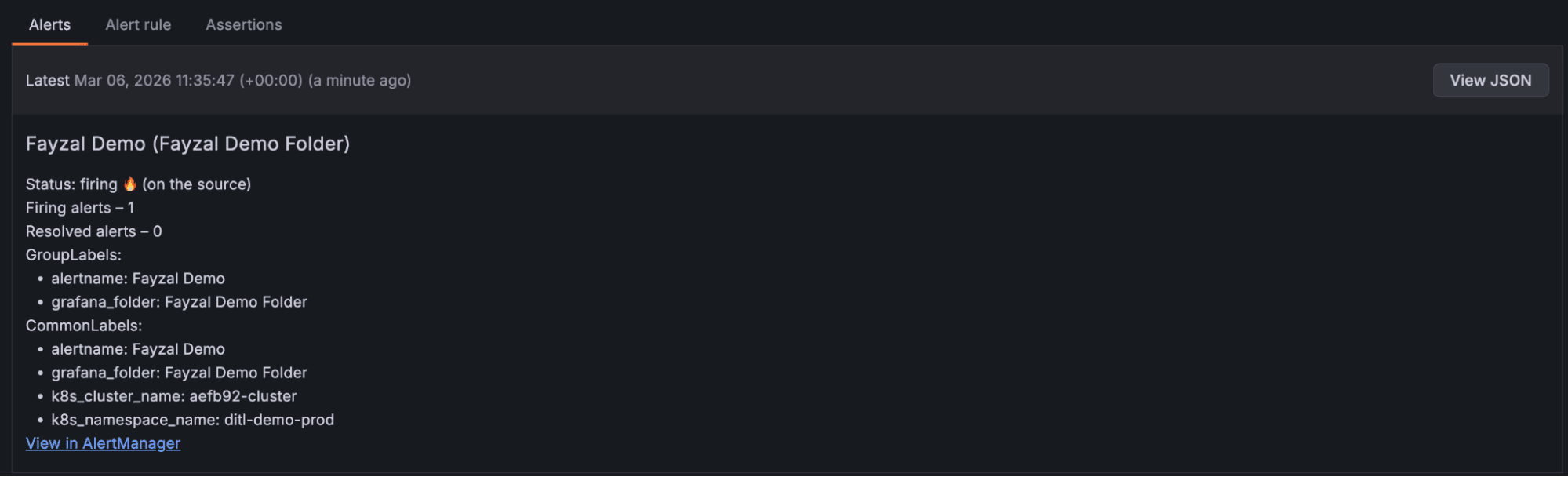 Alert status and labels displayed in Grafana Cloud